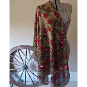 Vintage Scarf Large Shawl Floral Scarf Roses Wool D19